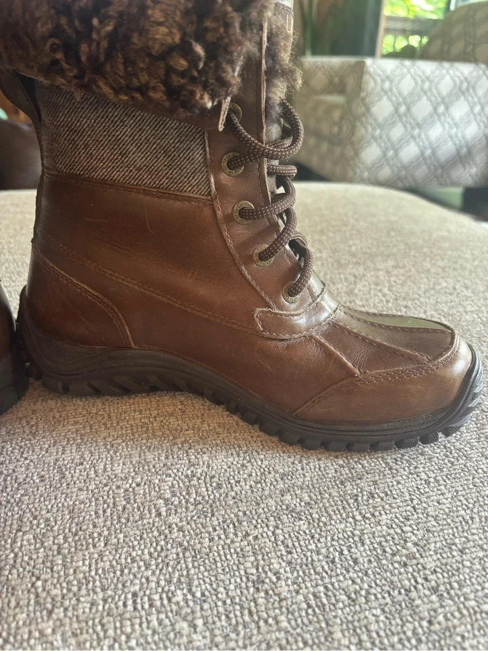 UGG Brown Leather Lace-Up Shearling-Trim Boots